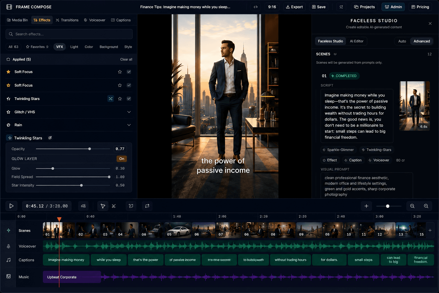 FrameCompose video editor showing effects panel, timeline, captions, voiceover, and scene editing