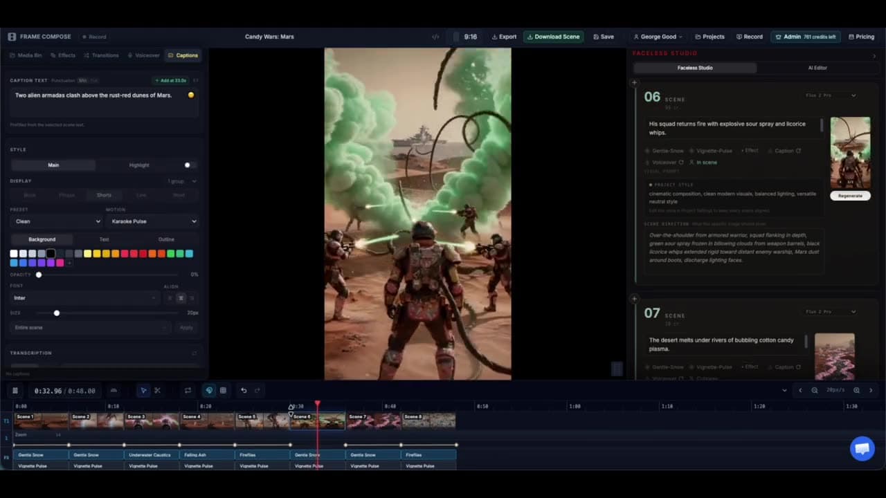 FrameCompose prompt-to-video workflow for a structured story recipe