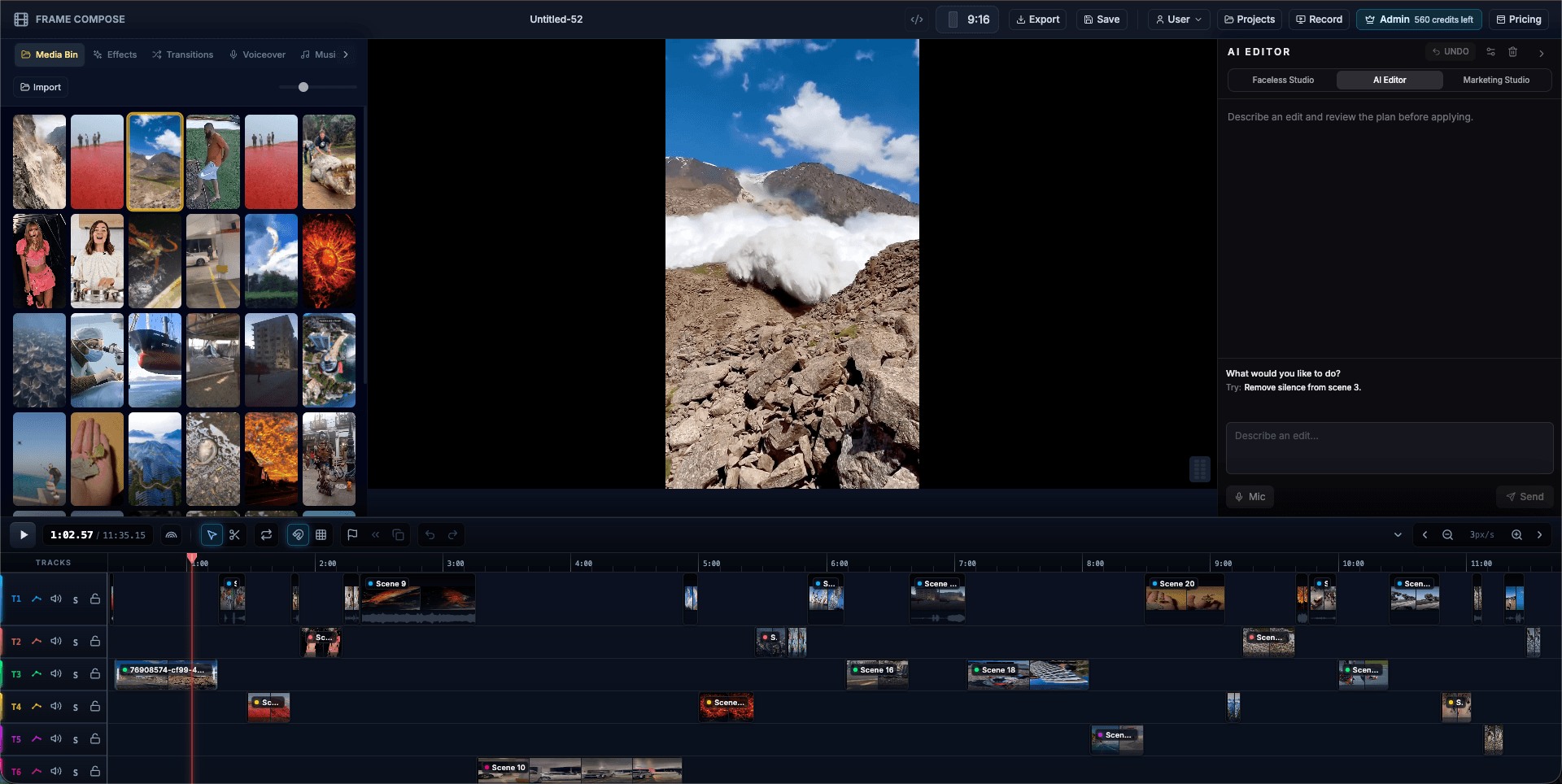 FrameCompose editing a vertical short with a portrait preview, edit panel, and multi-track timeline