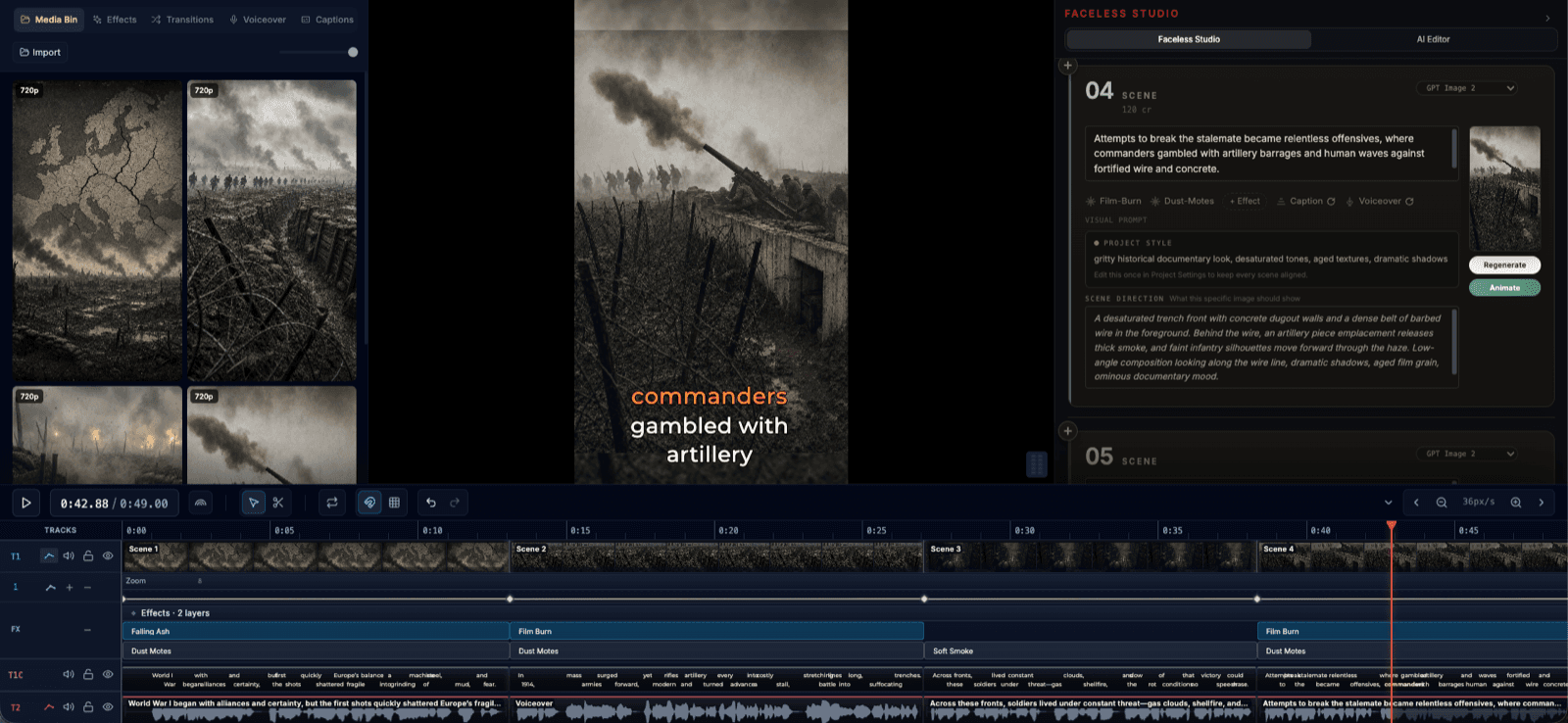 FrameCompose editing a narrated story video with generated scenes, captions, and audio tracks on the timeline