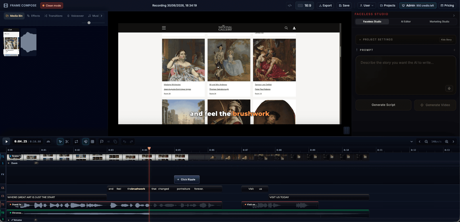 FrameCompose Marketing Studio turning a website screen recording into a promo with click ripples, auto zooms, captions, and narration