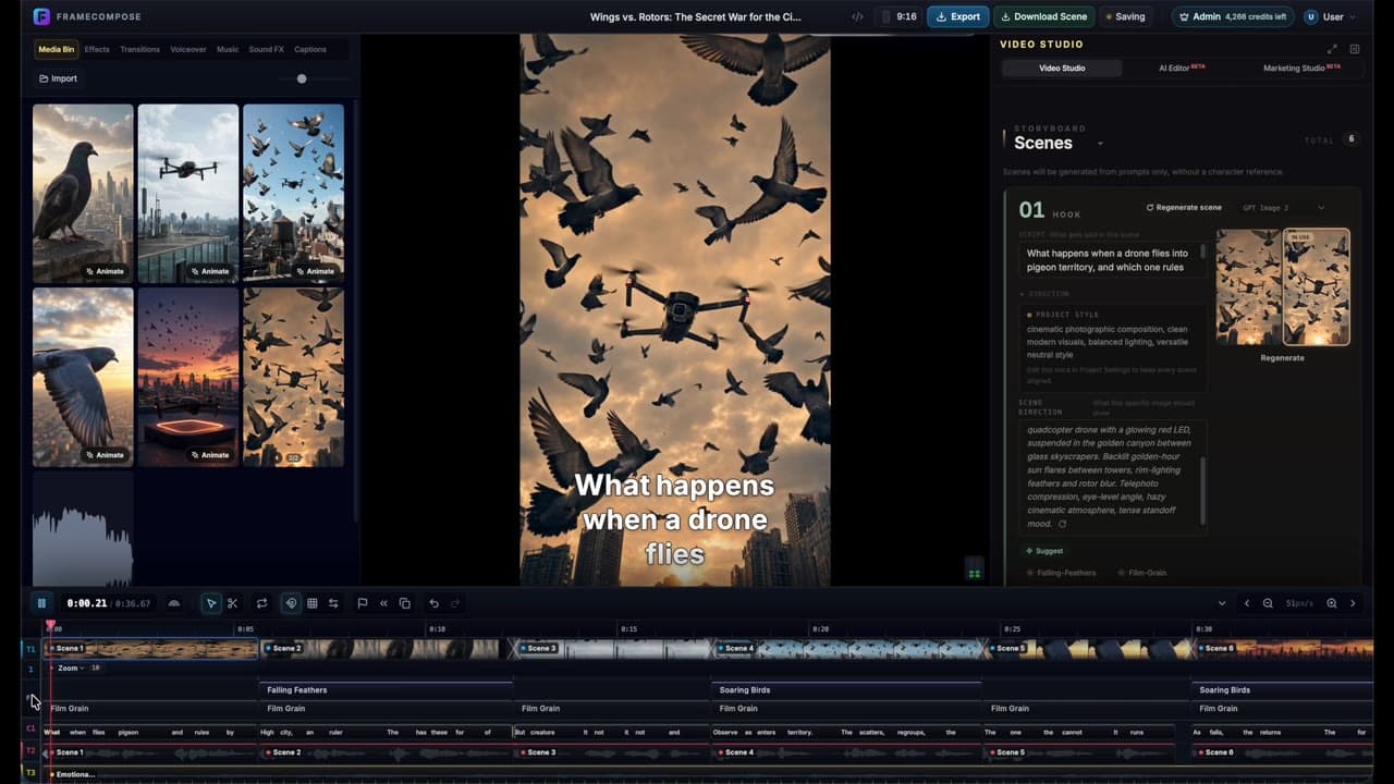 FrameCompose Pigeons vs Drones demo with a generated short beside its editable scenes and timeline