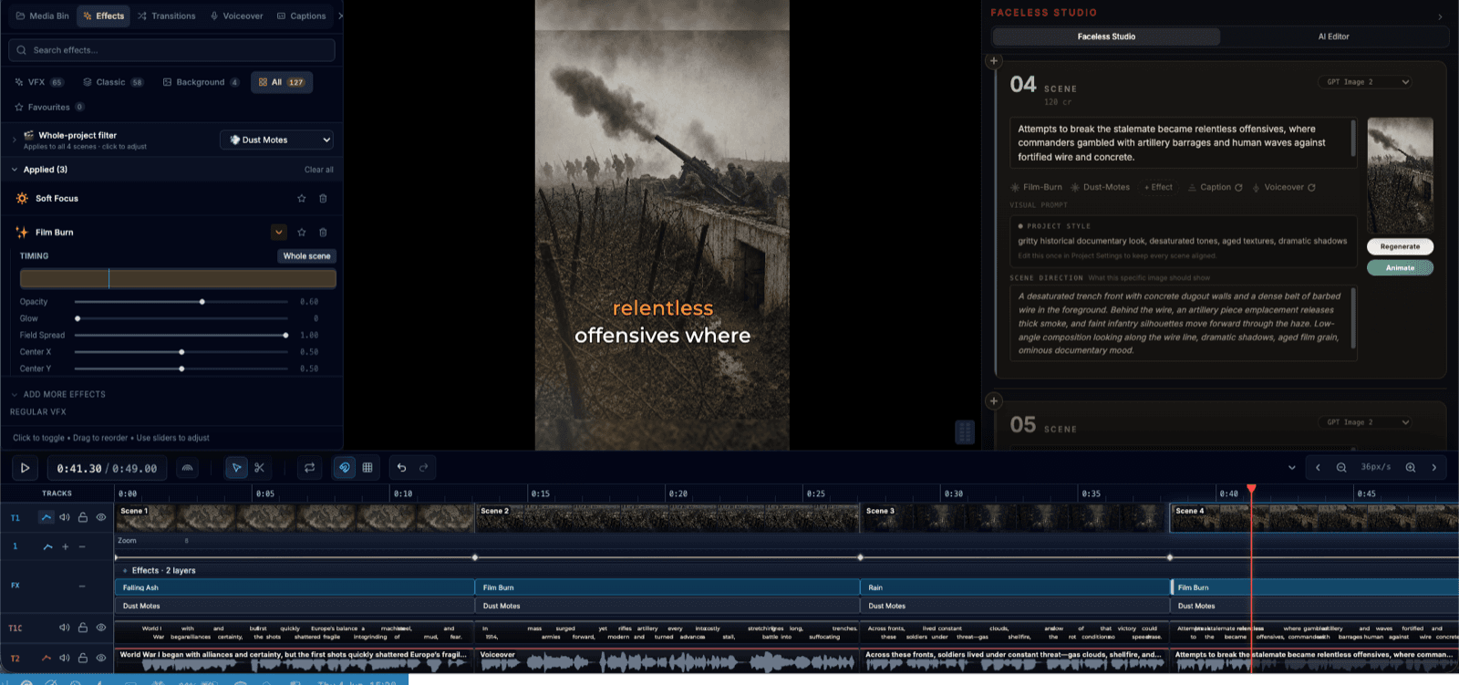 FrameCompose AI video editor with the effects panel open, adjusting a Film Burn effect on a documentary short with captions and a multi-track timeline