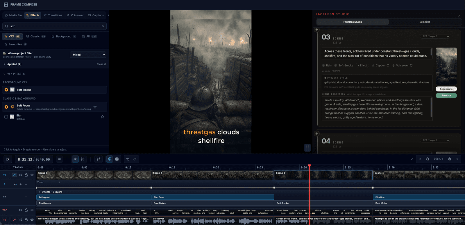 FrameCompose effects panel with VFX presets like Soft Smoke and Soft Focus applied to a captioned short, with effect layers visible on the timeline
