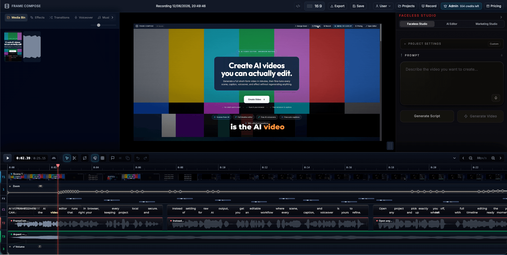 FrameCompose turning a SaaS screen recording into a launch video with captions and zoom keyframes